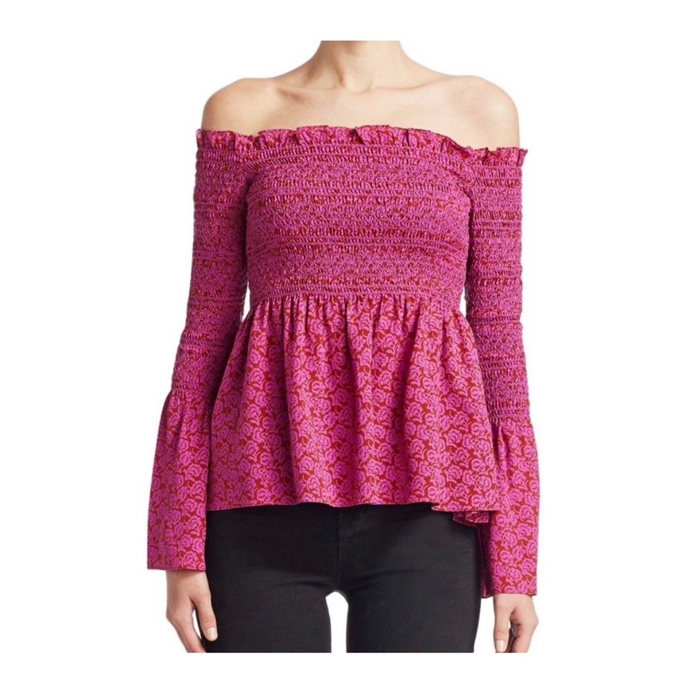A.L.C. Agra Silk Smocked Off-Shoulder Top Pink 8 Floral Bell Sleeve Peplum